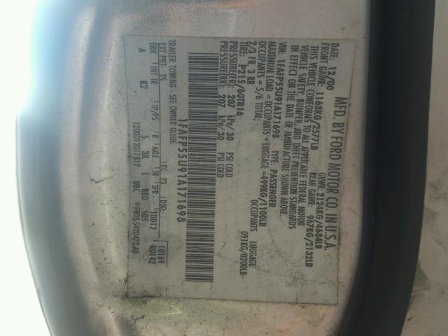 1FAFP55U91A171698 - 2001 FORD TAURUS SES SILVER photo 10