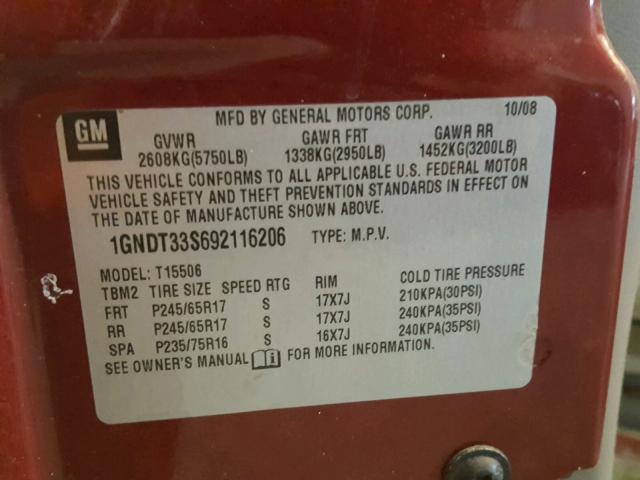 1GNDT33S692116206 - 2009 CHEVROLET TRAILBLAZE MAROON photo 10