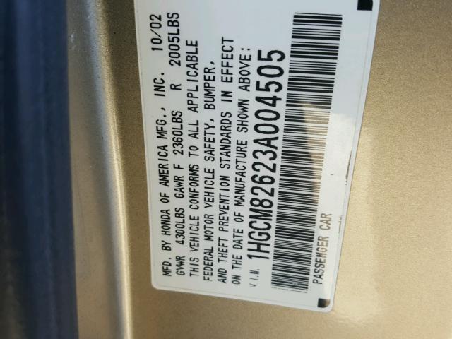 1HGCM82623A004505 - 2003 HONDA ACCORD EX GOLD photo 10