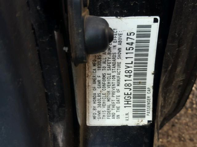 1HGEJ8148YL115475 - 2000 HONDA CIVIC EX შავი ფოტო 10