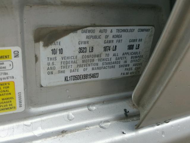 KL1TD5DEXBB154623 - 2011 CHEVROLET AVEO LS SILVER photo 10