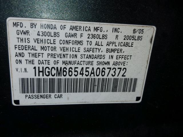 1HGCM66545A067372 - 2005 HONDA ACCORD EX GRAY photo 10