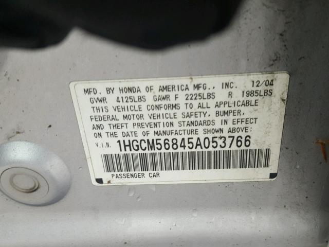 1HGCM56845A053766 - 2005 HONDA ACCORD EX SILVER photo 10