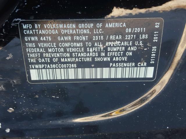 1VWBP7A36CC007265 - 2012 VOLKSWAGEN PASSAT SE BLACK photo 10