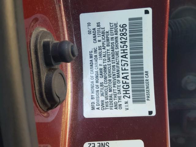 2HGFA1F57AH542856 - 2010 HONDA CIVIC LX BURGUNDY photo 10