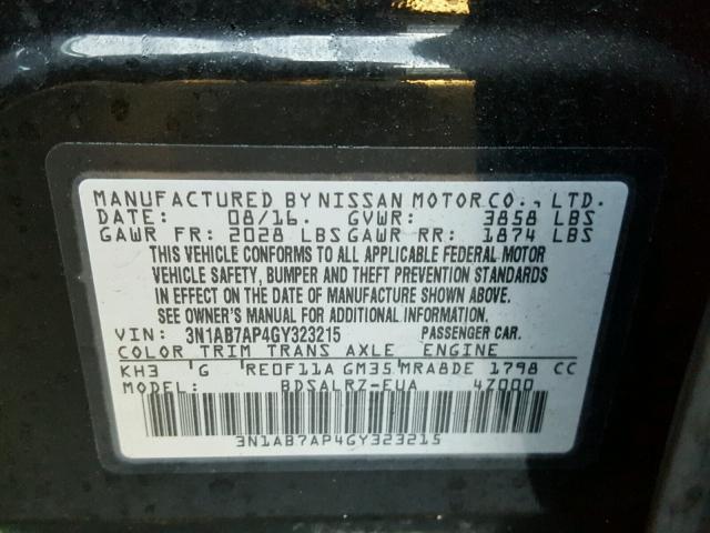 3N1AB7AP4GY323215 - 2016 NISSAN SENTRA S BLACK photo 10