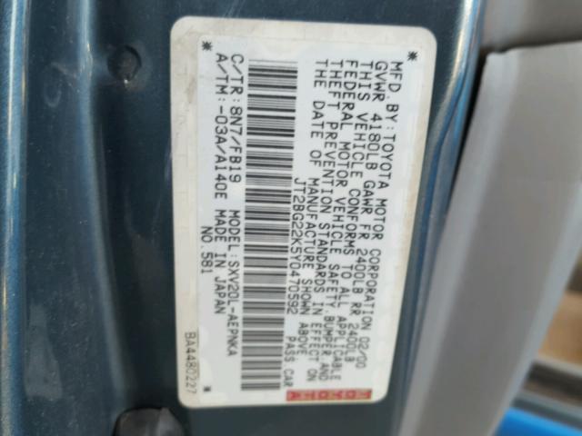 JT2BG22K5Y0470592 - 2000 TOYOTA CAMRY CE BLACK photo 10