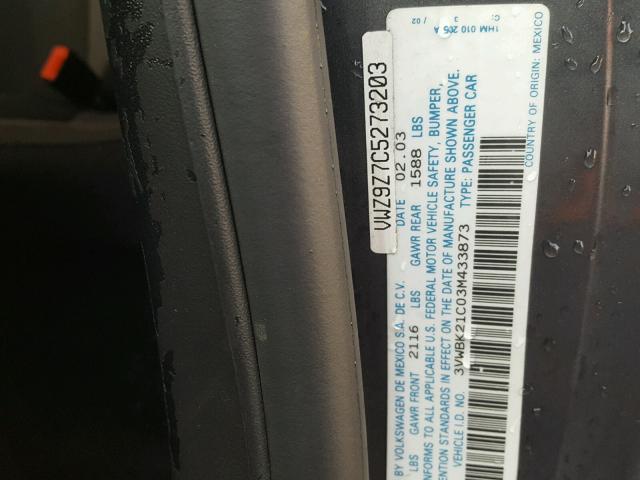 3VWBK21C03M433873 - 2003 VOLKSWAGEN NEW BEETLE 灰色 照片 10