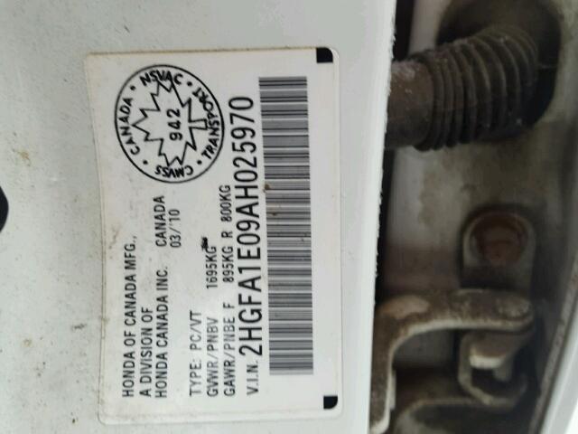 2HGFA1E09AH025970 - 2010 HONDA CIVIC EXL 白色 照片 10