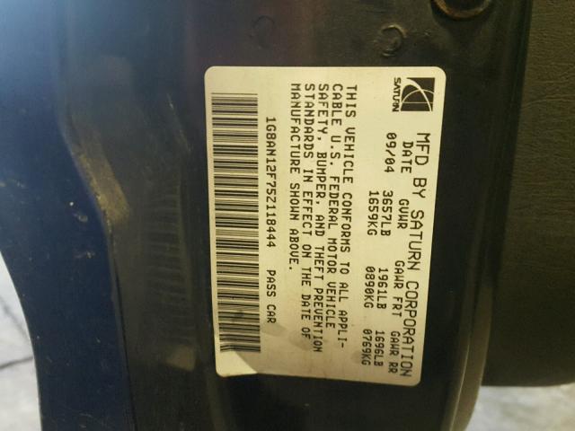 1G8AN12F75Z118444 - 2005 SATURN ION LEVEL BLUE photo 10