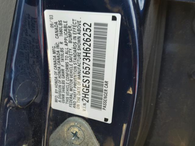 2HGES16573H626252 - 2003 HONDA CIVIC LX BLUE photo 10