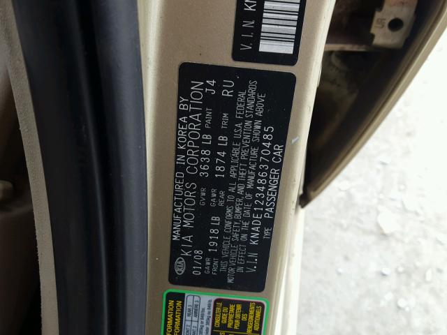 KNADE123486370485 - 2008 KIA RIO BASE GOLD photo 10