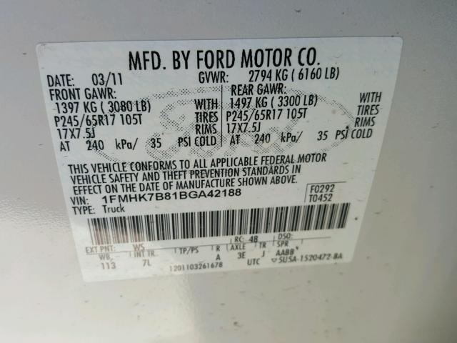 1FMHK7B81BGA42188 - 2011 FORD EXPLORER WHITE photo 10