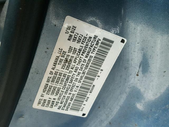 5FNRL38716B063510 - 2006 HONDA ODYSSEY EX BLUE photo 10