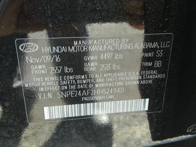 5NPE24AF2HH524940 - 2017 HYUNDAI SONATA SE BLACK photo 10