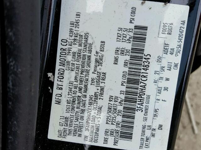 3FAHP0HA7CR148345 - 2012 FORD FUSION SE BLACK photo 10