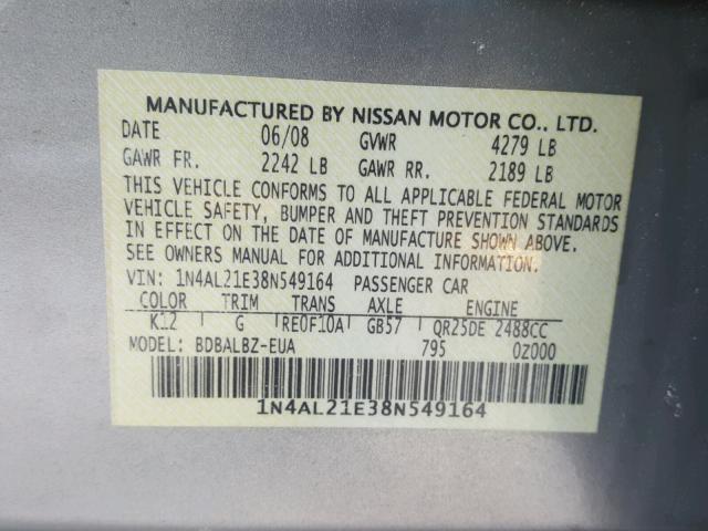 1N4AL21E38N549164 - 2008 NISSAN ALTIMA 2.5 SILVER photo 10