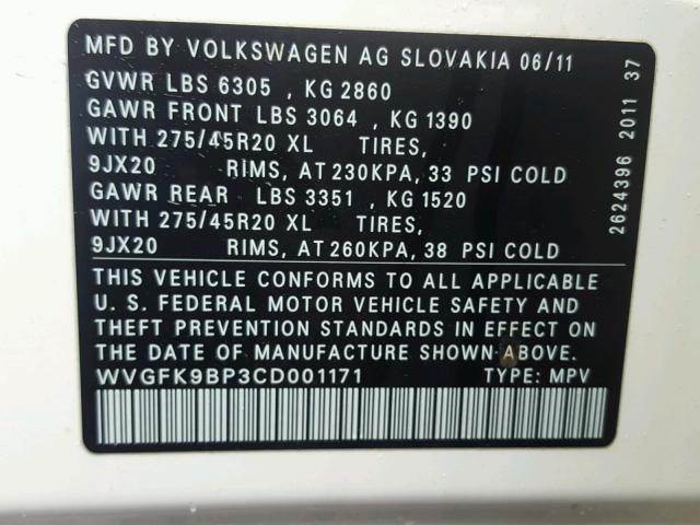 WVGFK9BP3CD001171 - 2012 VOLKSWAGEN TOUAREG V6 WHITE photo 9