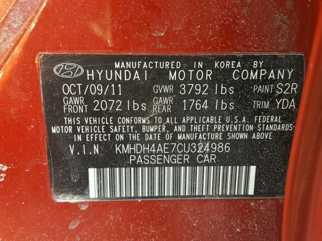 KMHDH4AE7CU324986 - 2012 HYUNDAI ELANTRA GL RED photo 10