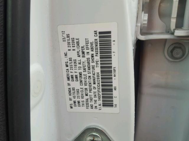 1HGCP3F83CA026664 - 2012 HONDA ACCORD EXL WHITE photo 10