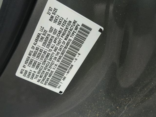 5FNRL38207B049510 - 2007 HONDA ODYSSEY LX GRAY photo 10