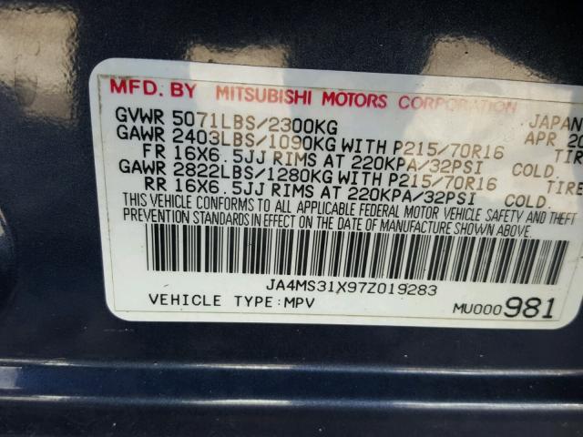 JA4MS31X97Z019283 - 2007 MITSUBISHI OUTLANDER BLUE photo 10