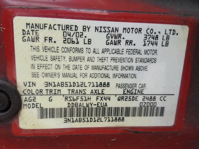 3N1AB51D12L711888 - 2002 NISSAN SENTRA SE- RED photo 10