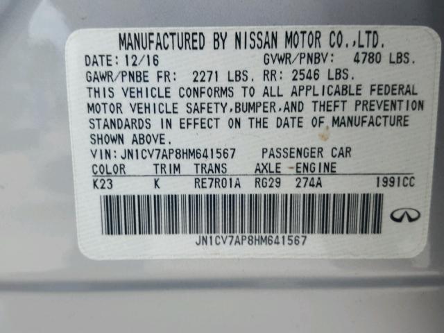 JN1CV7AP8HM641567 - 2017 INFINITI Q50 BASE SILVER photo 10