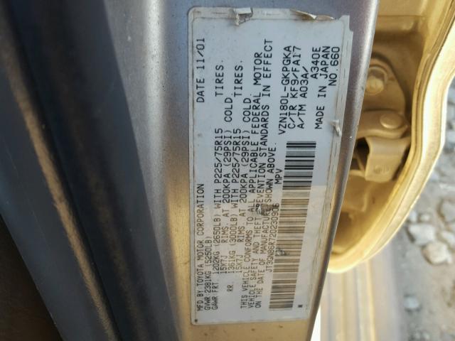 JT3GN86R720230906 - 2002 TOYOTA 4RUNNER SR SILVER photo 10