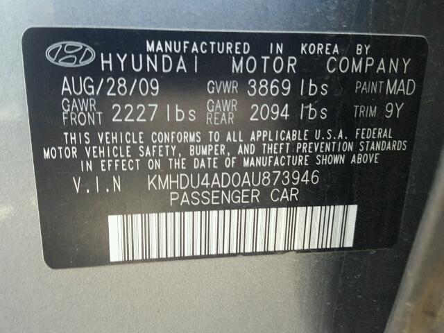 KMHDU4AD0AU873946 - 2010 HYUNDAI ELANTRA BL GRAY photo 10