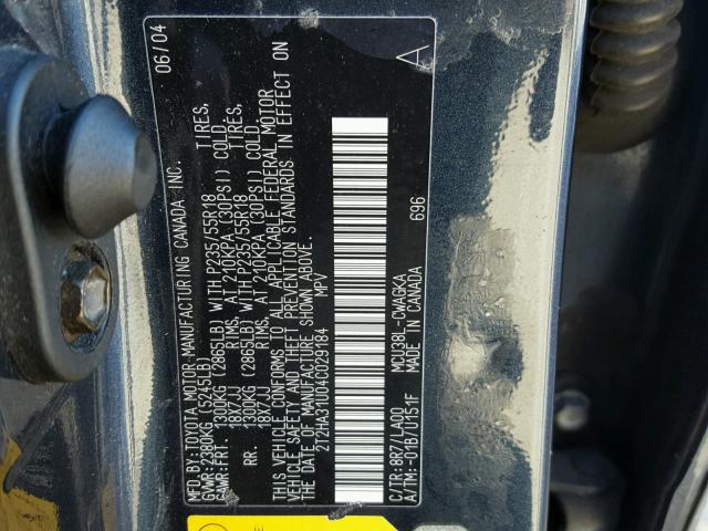 2T2HA31U04C029184 - 2004 LEXUS RX 330 BLUE photo 10