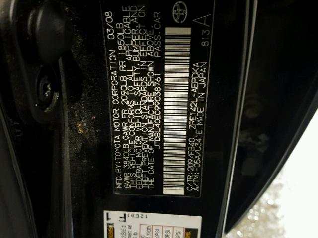 JTDBL40E099038761 - 2009 TOYOTA COROLLA BA BLACK photo 10