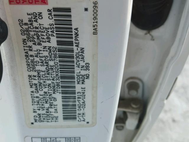 JTDBE32K620078652 - 2002 TOYOTA CAMRY LE WHITE photo 10