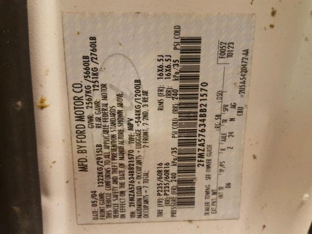 2FMZA57634BB21570 - 2004 FORD FREESTAR S WHITE photo 10