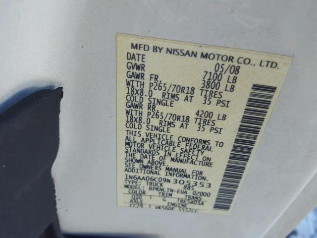 1N6AA06C09N305353 - 2009 NISSAN TITAN XE WHITE photo 10