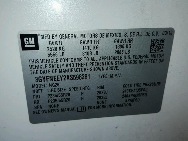 3GYFNEEY2AS598281 - 2010 CADILLAC SRX PERFOR 白色 照片 10