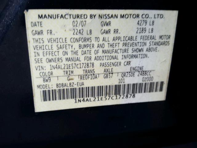 1N4AL21E57C172878 - 2007 NISSAN ALTIMA 2.5 BLUE photo 10