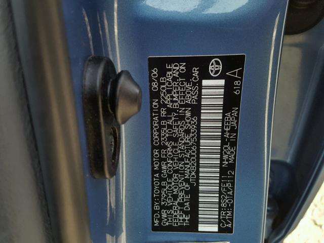 JTDKB20U067533936 - 2006 TOYOTA PRIUS BLUE photo 10