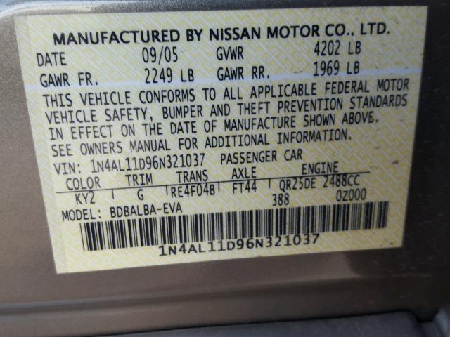 1N4AL11D96N321037 - 2006 NISSAN ALTIMA S SILVER photo 10