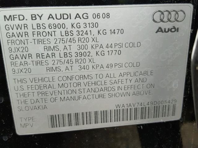 WA1AV74L49D005429 - 2009 AUDI Q7 PRESTIG BLACK photo 10