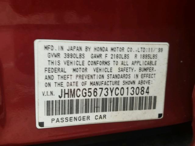 JHMCG5673YC013084 - 2000 HONDA ACCORD SE RED photo 10