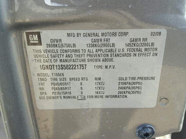 1GNDT13S582221757 - 2008 CHEVROLET TRAILBLAZE GRAY photo 10