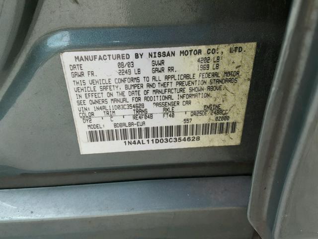 1N4AL11D03C354628 - 2003 NISSAN ALTIMA BAS GREEN photo 10