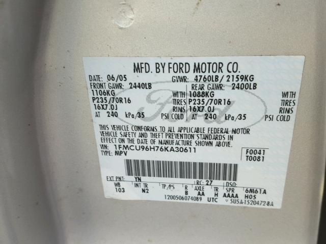 1FMCU96H76KA30611 - 2006 FORD ESCAPE HEV SILVER photo 10