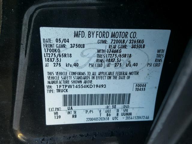 1FTPW14554KD19493 - 2004 FORD F150 SUPER BLACK photo 10