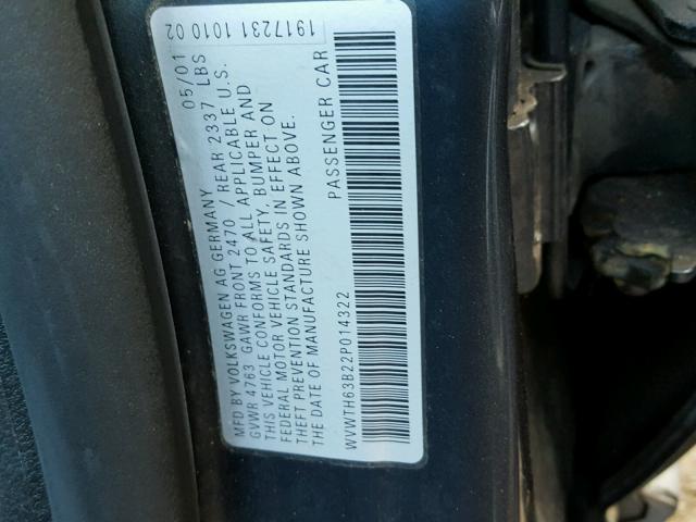 WVWTH63B22P014322 - 2002 VOLKSWAGEN PASSAT GLX CHARCOAL photo 10