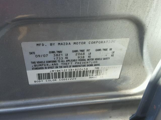 JM1BK12F381820458 - 2008 MAZDA 3 I SILVER photo 10