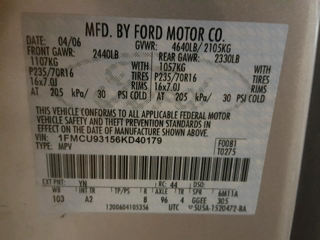 1FMCU93156KD40179 - 2006 FORD ESCAPE XLT SILVER photo 10