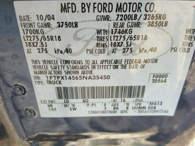 1FTPX14565NA35450 - 2005 FORD F150 BLUE photo 10