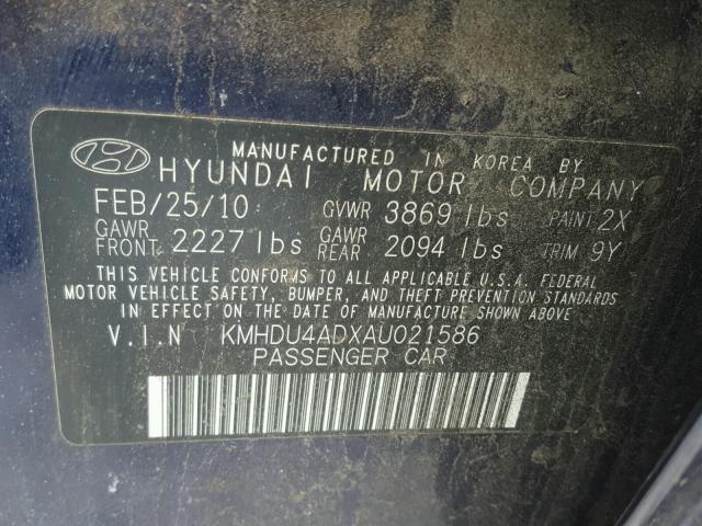 KMHDU4ADXAU021586 - 2010 HYUNDAI ELANTRA BL BLUE photo 10